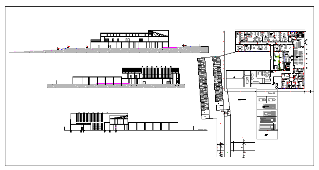 Interior floor plan and exterior elevation of a Hotel dwg file