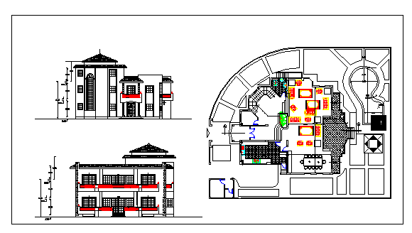 Interior floor plan and exterior elevation of a house dwg file