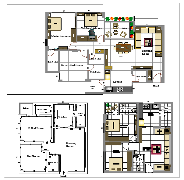Interior plan of a 2 BHK House dwg file