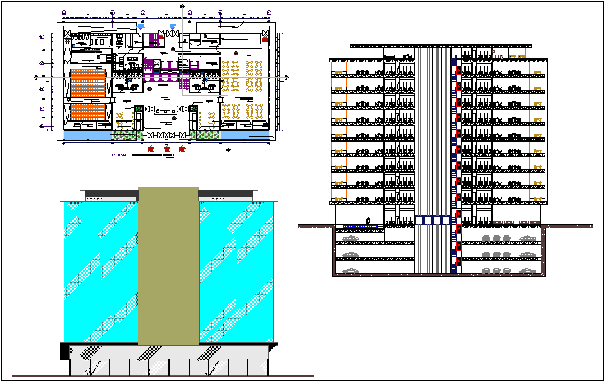 Interior view of finance office building plan and elevation dwg file