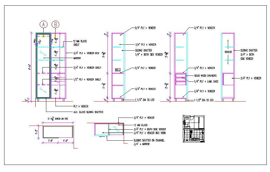 Interior wooden furniture wardrobe, elevation view - detail dimension dwg file