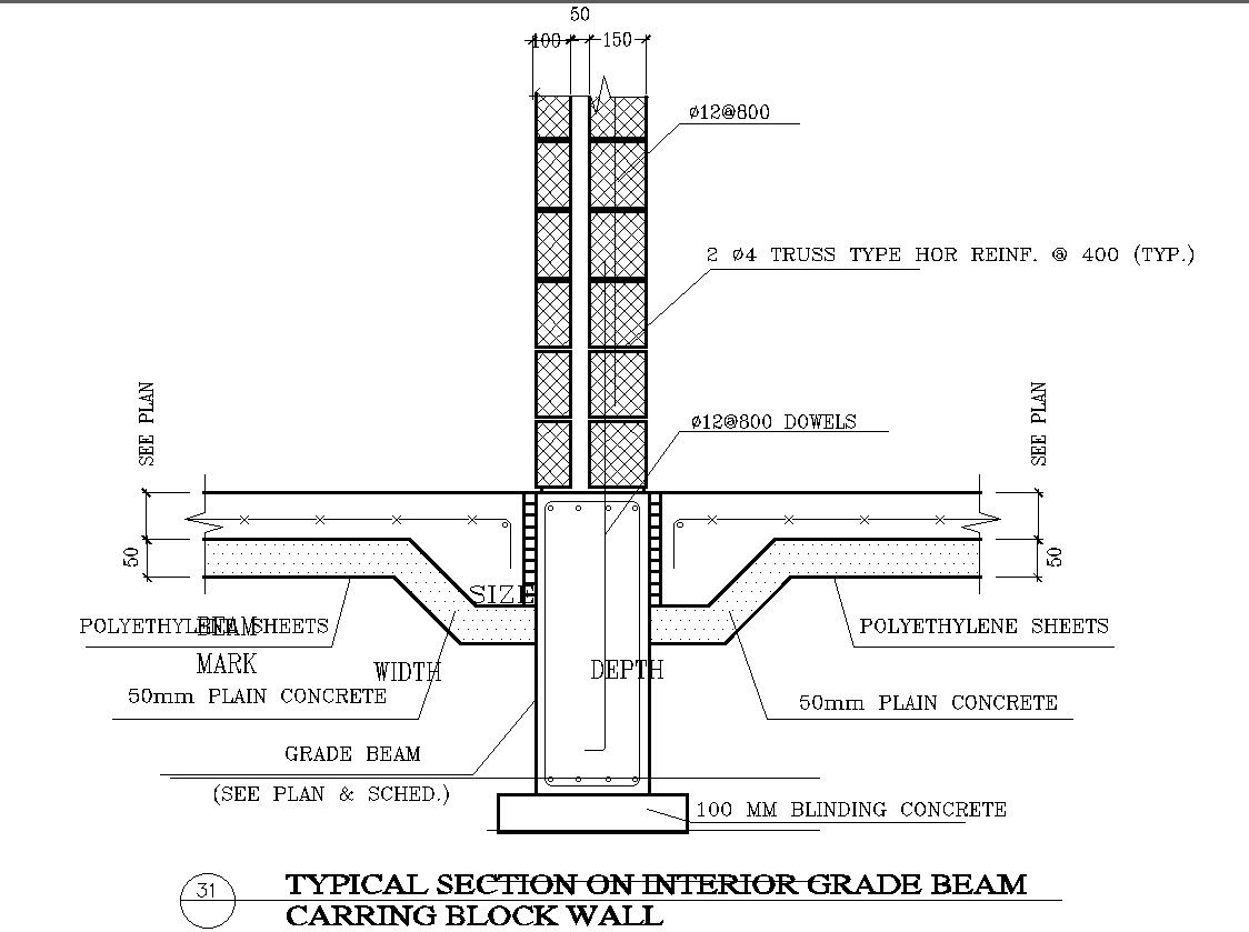 Interior Grade Beam Section CAD Drawing in DWG Format