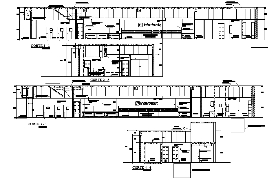 Interior cut section view of 30x10m office building is given in this Autocad drawing file. Download now.