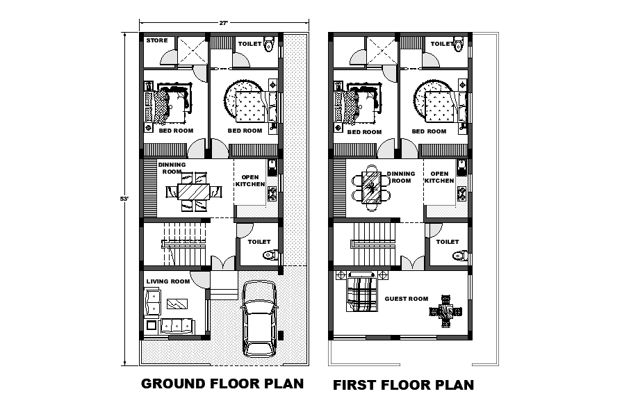 Interior design of 27’x53’ East facing house plan is given as per vastu shastra in this Autocad drawing file.