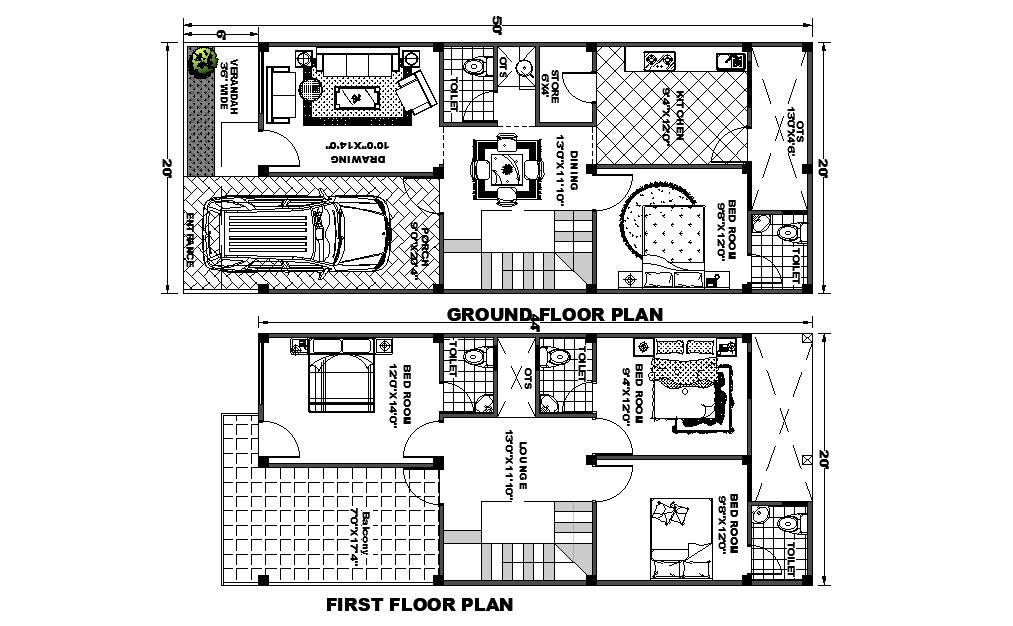Interior design of the 20’x50’ East facing house plan is given as per vastu shastra in this Autocad drawing file. Download the 2D Autocad file.