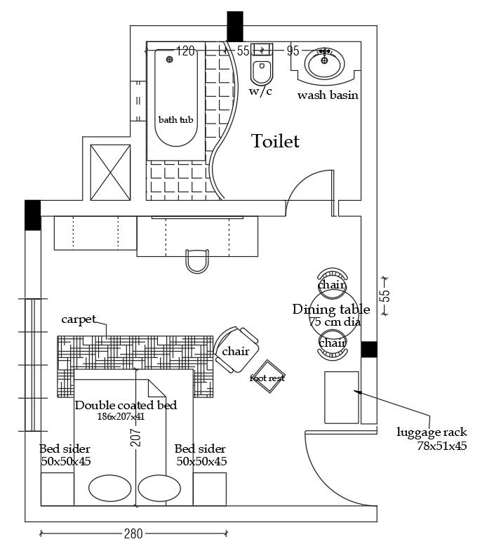 Interior layout plan of bedroom in AutoCAD 2D drawing, dwg file, CAD file