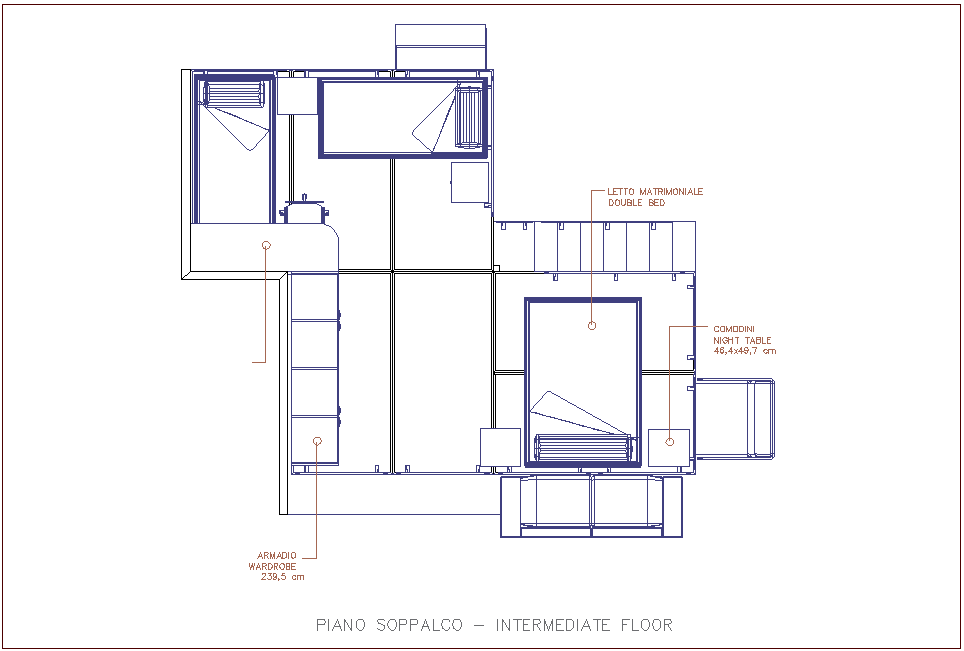 Intermediate floor of house with furniture view dwg file