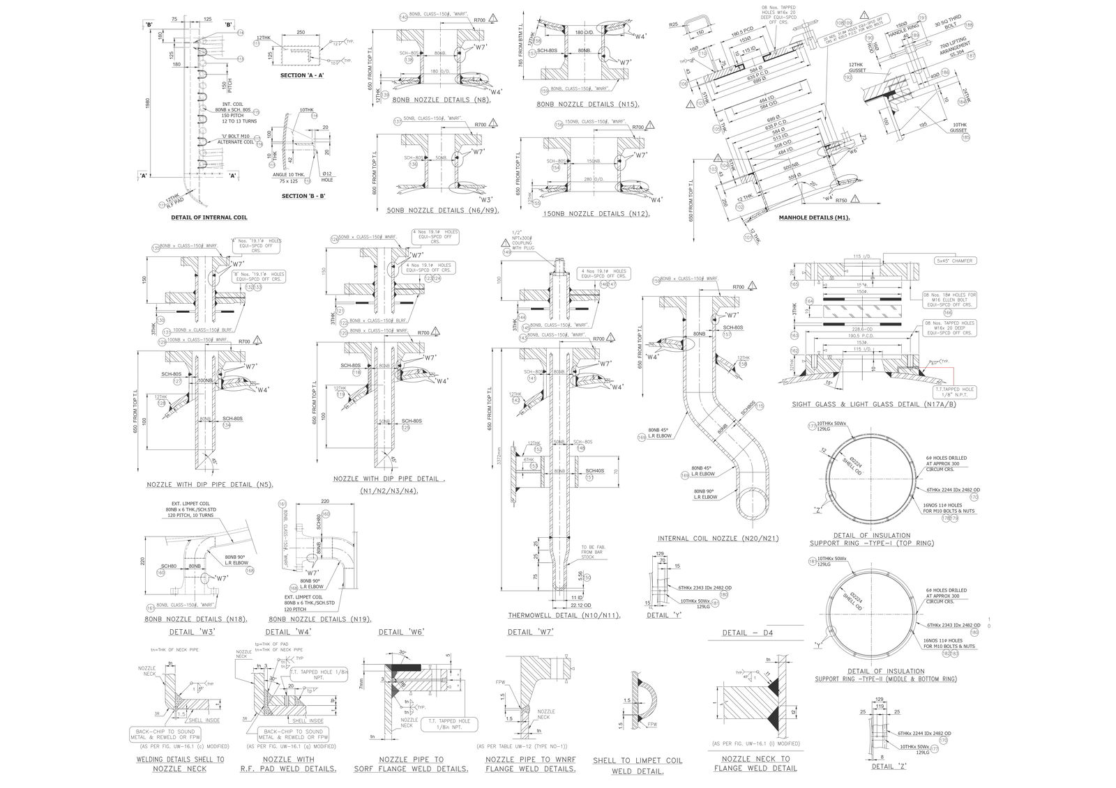 Internal coil nozzle and Thermowell section detail DWG AutoCAD drawing