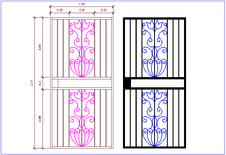 Iron Door Design 2D View with Frame Dimension and Flower Pattern