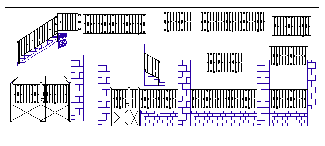 Iron outdoor gate details with perimeter fence of garden dwg file