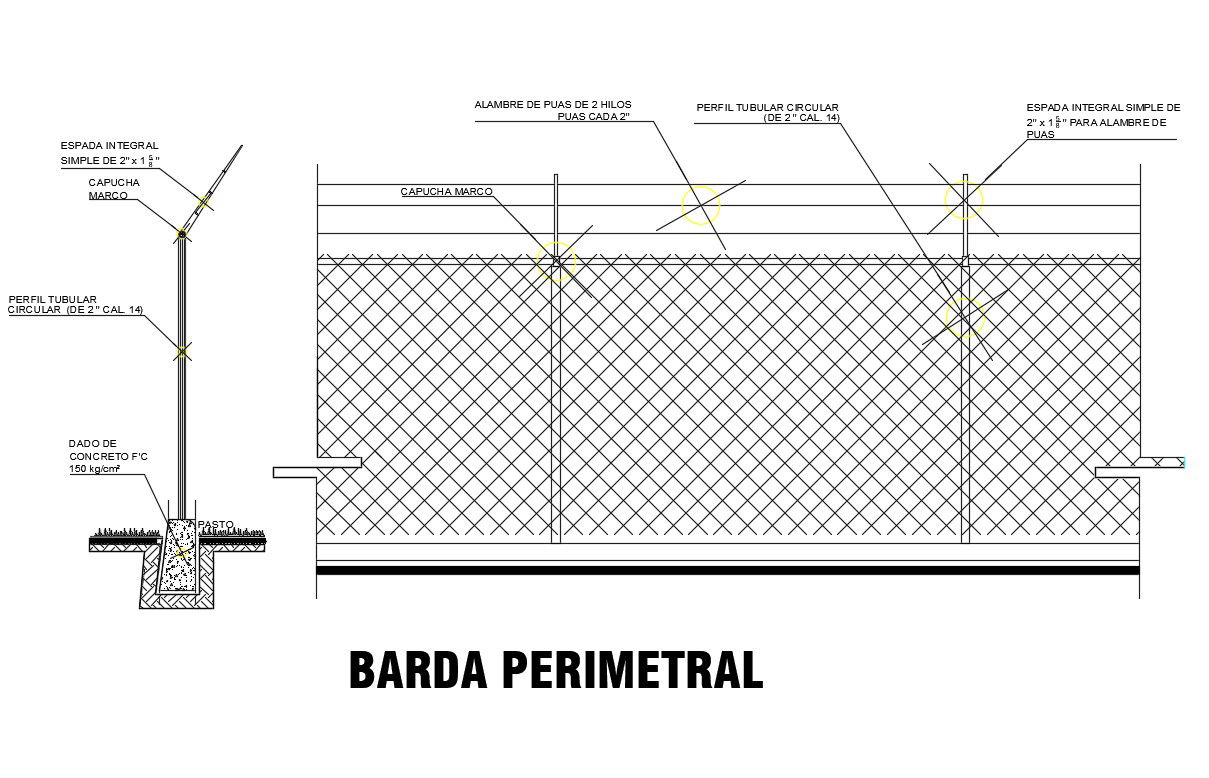 Iron perimeter fence section and construction details dwg file