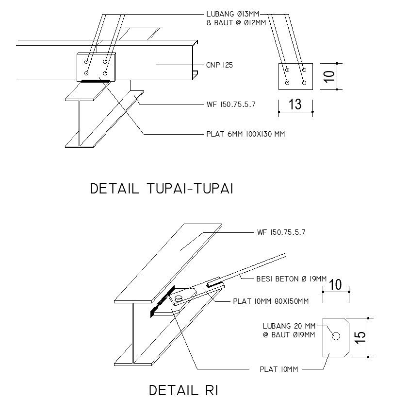 I section with connection details in AutoCAD 2D drawing, CAD file, dwg file
