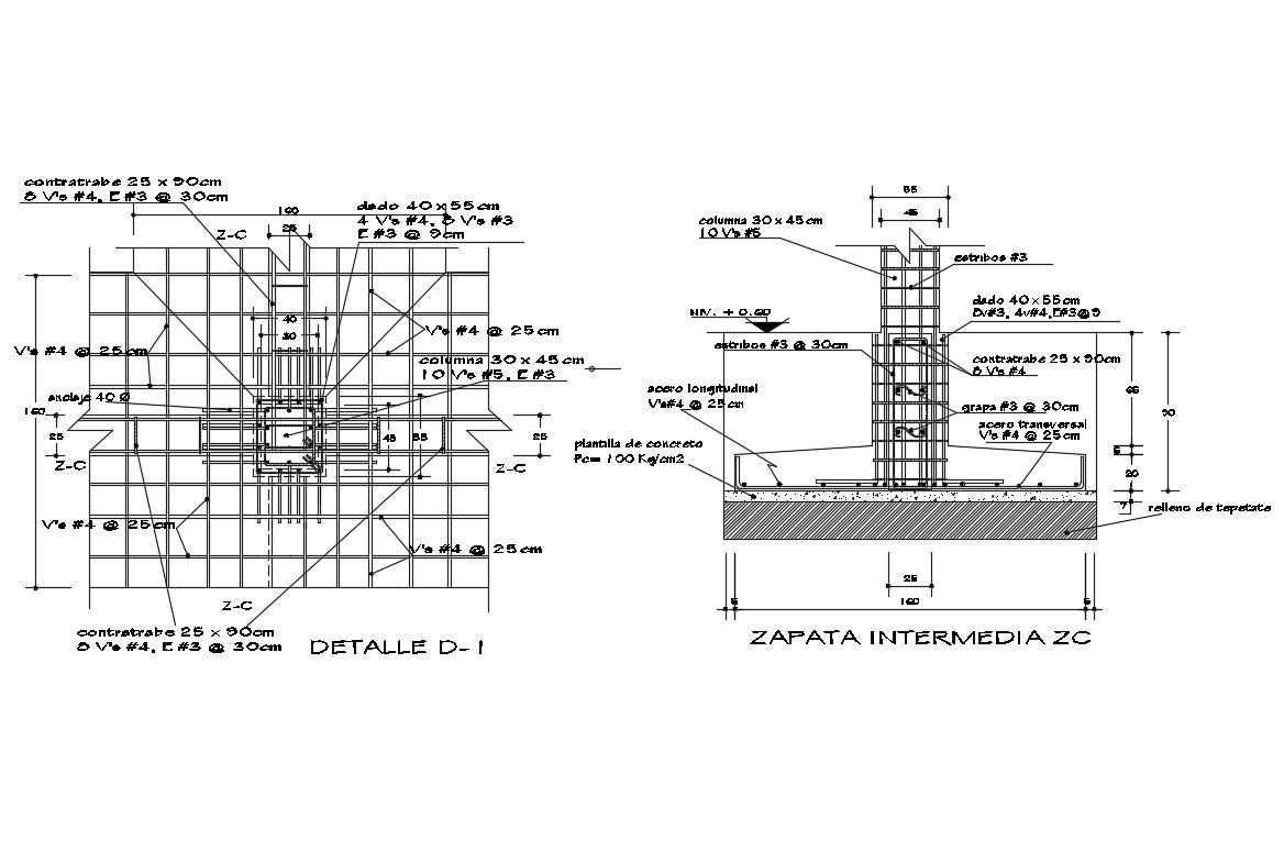 Isolated footing construction details with wall cad drawing details dwg file