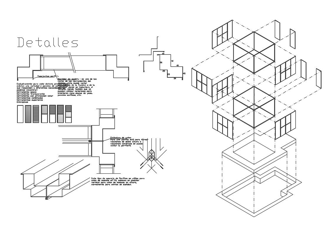 Isometric details and doors and windows details of apartment building dwg file