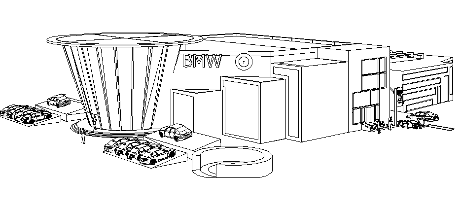 Isometric elevation view of BMW four wheeler showroom dwg file