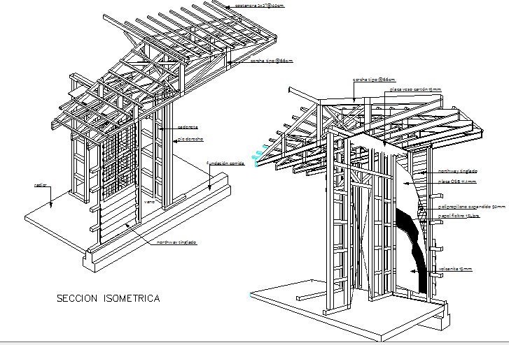 Isometric sectional view details of single family house project dwg file