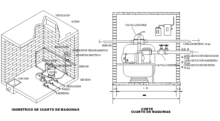 Isometric view and section detail dwg file