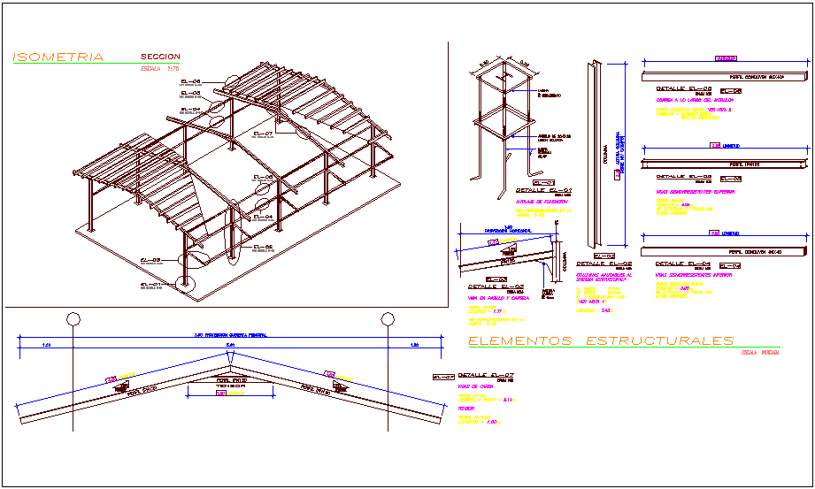 Isometric view of classroom view with structural detail of I beam and channel dwg file