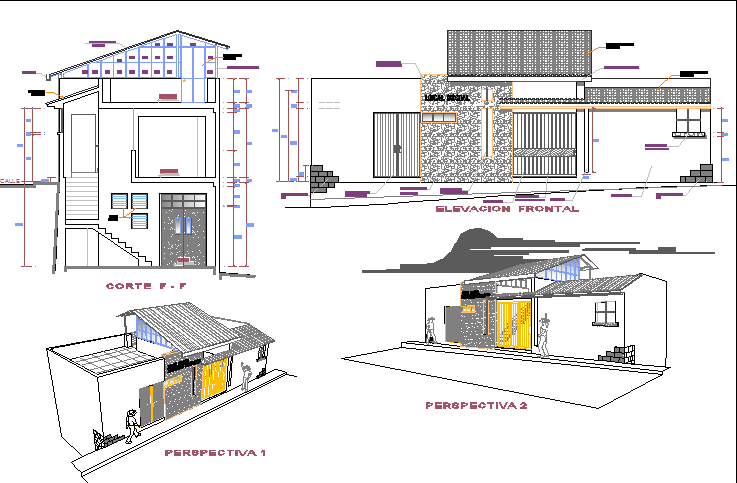 Isometric view of elevation and sections of community building dwg file