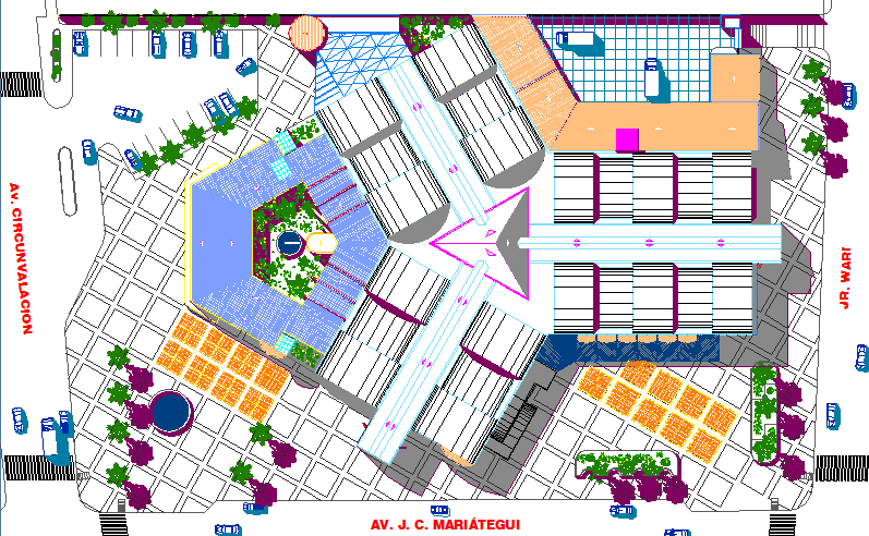 Isometric view of ground floor of shopping mall dwg file