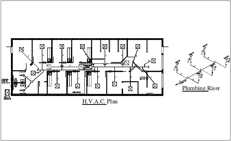 Isometric view of plumbing riser and HVAC plan dwg file
