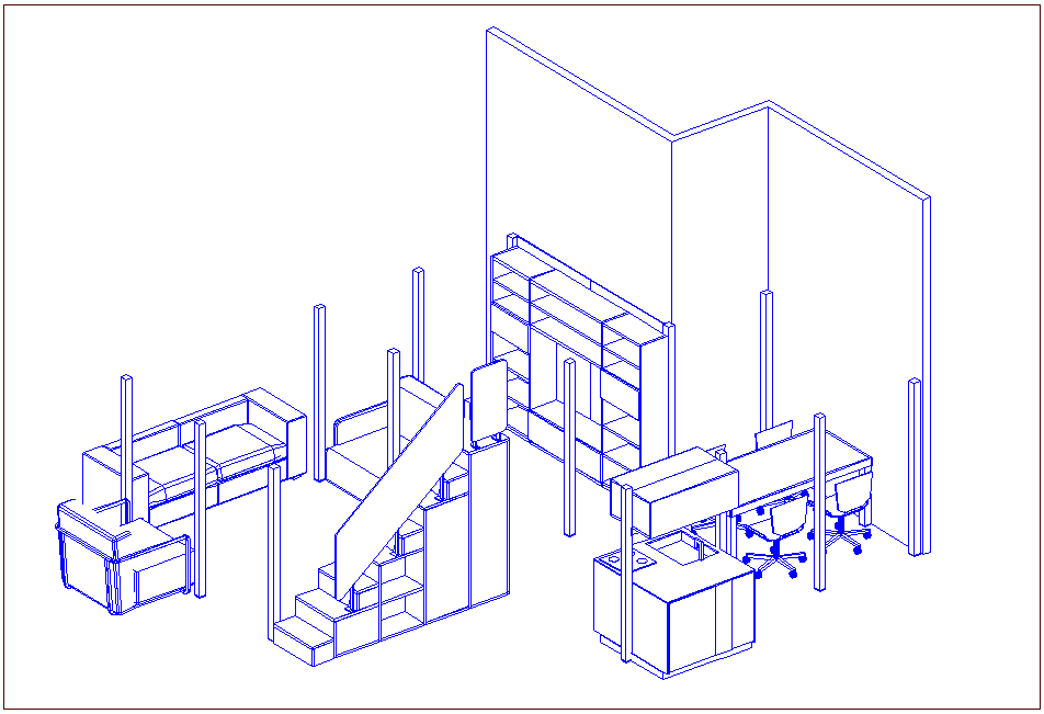 Isometric view of sofa set,ward robe,table and chair furniture view dwg file