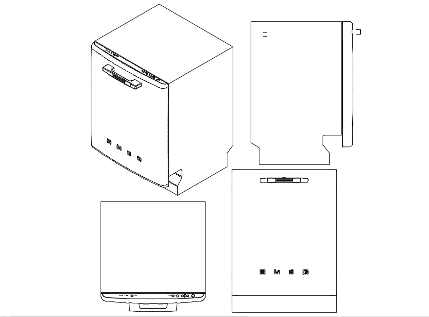 Isometric view of washing machine with plan,elevation and side view dwg file