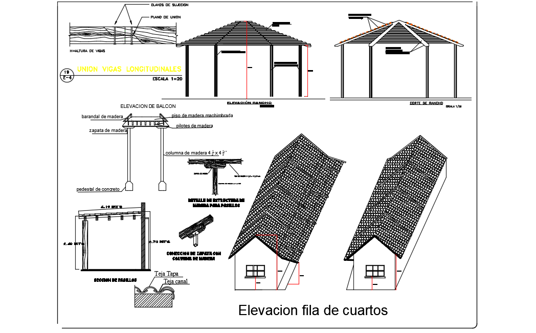 Isometric view with single family residence view with elevation and view of detail dwg file