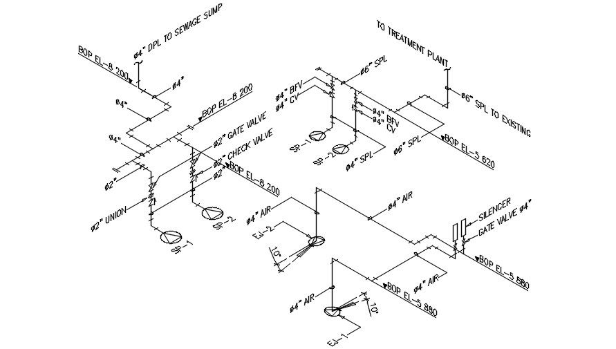 Isometric Pipe Line CAD Drawing with Dimensions and Layout Details