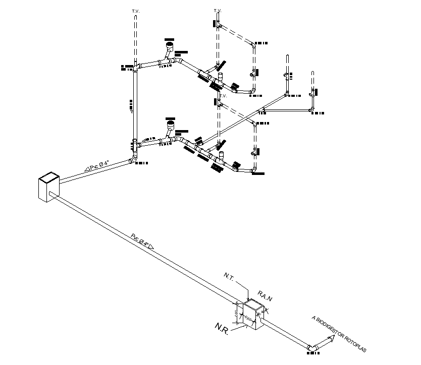 Isometric view of biodigestor is given for 8x12m house plan in this AutoCAD drawing model. Download now.