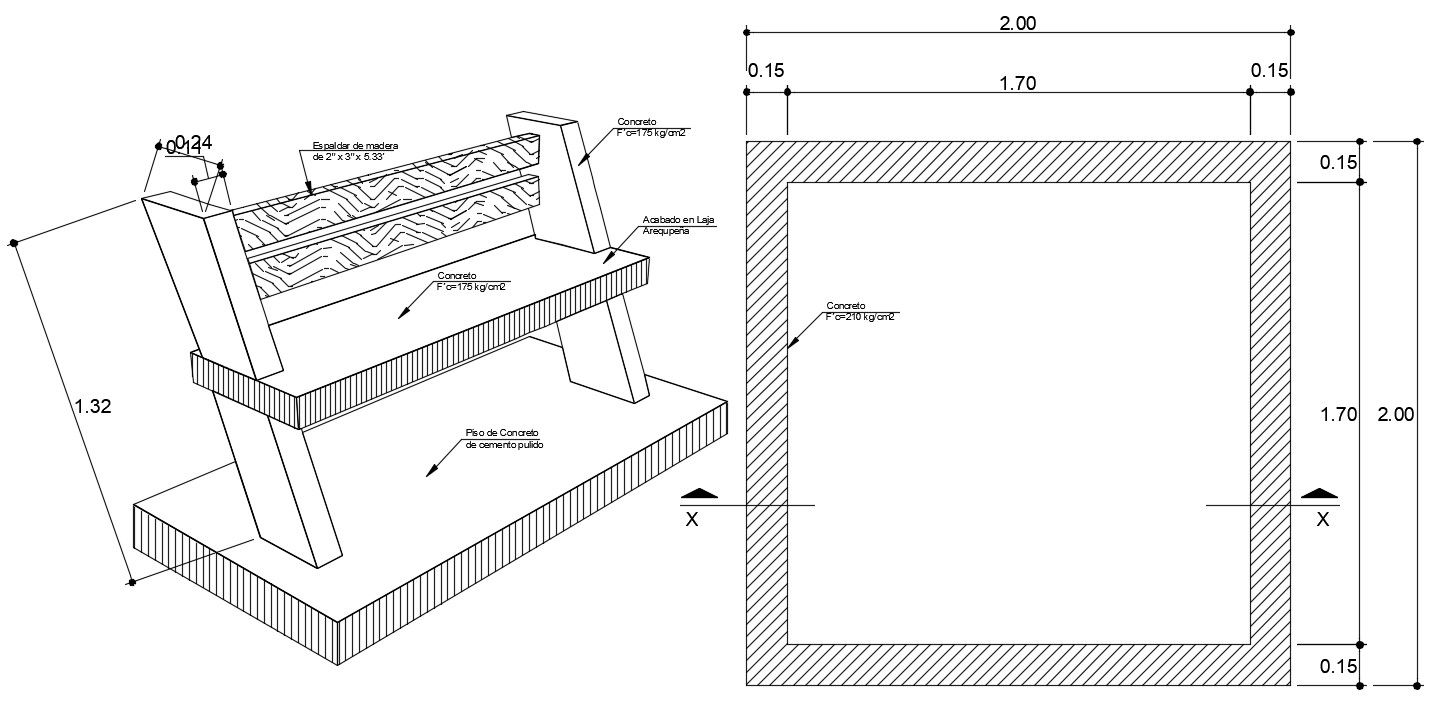 Isometric view of the bench is given in this Autocad drawing file. Download now.