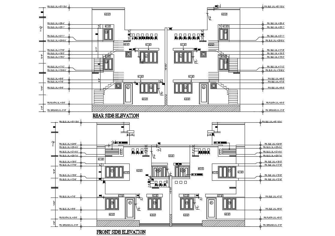 Joint House Front And Rear Elevation Design AutoCAD File