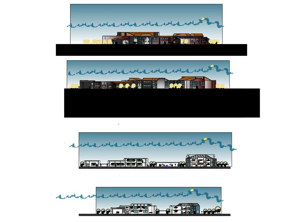Joint administrative building all sided elevation and section details dwg file