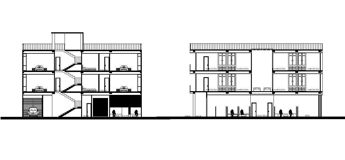 Joint house building sectional elevation design defined in this file. Download DWG File