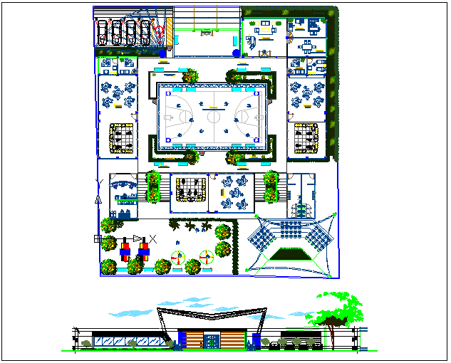 Kids school landscape view and elevation dwg file