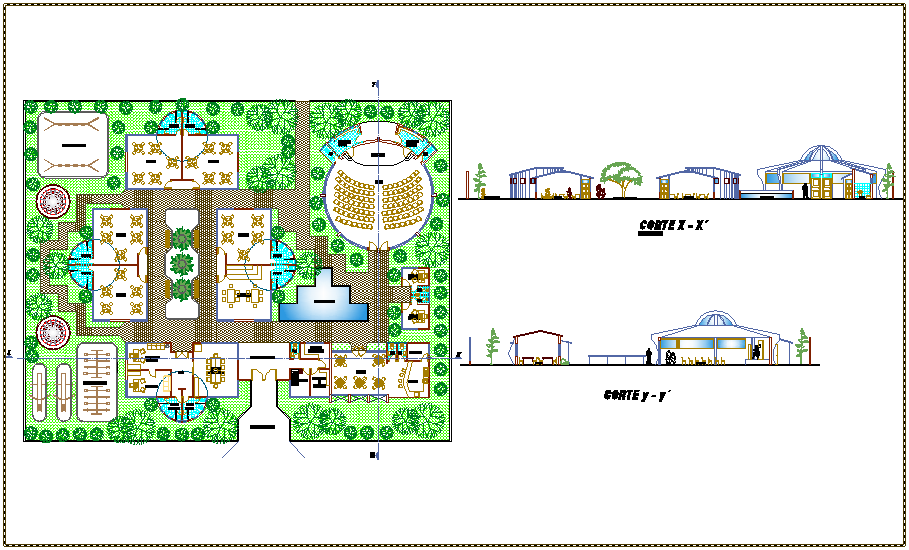 Kinder garden landscaping view with  school section view dwg file