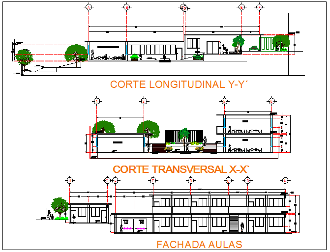 Kinder school elevation and section view with garden view dwg file