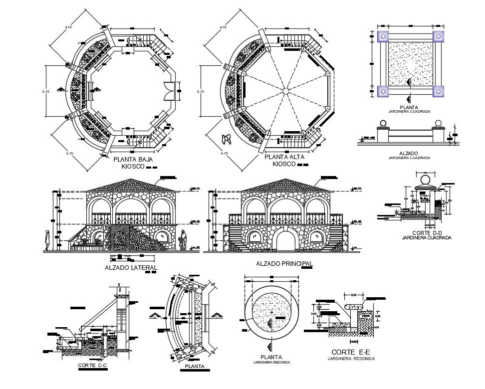 Kiosk of garden elevation, section, plan and auto-cad details dwg file