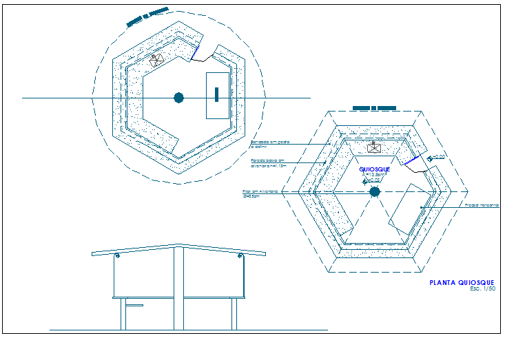 Kiosk of garden elevation and sectional view dwg file