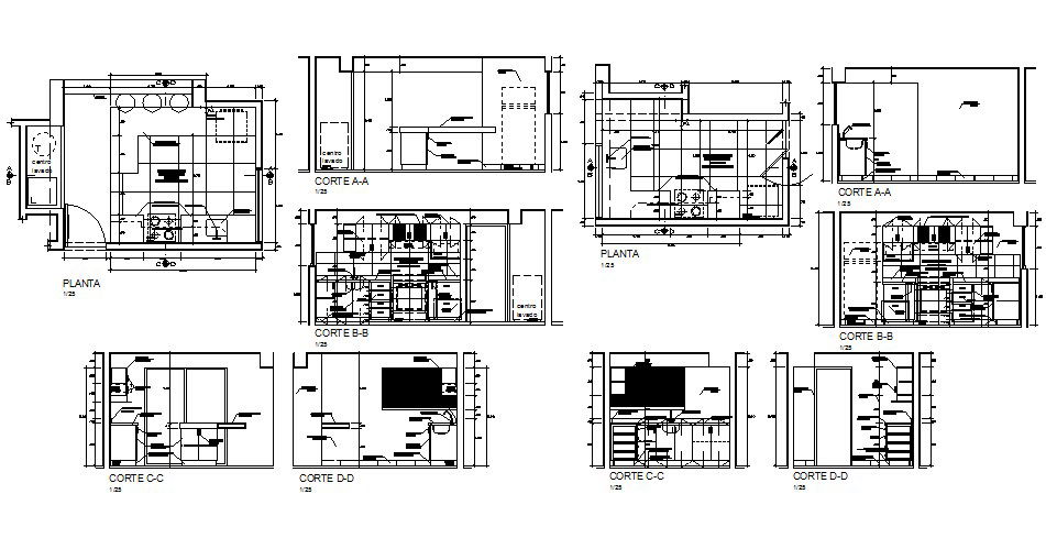 Kitchen all sided section, plan and auto-cad details dwg file