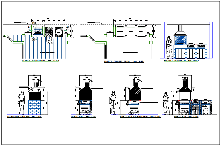 Kitchen and fireplace details of barbecue restaurant dwg file