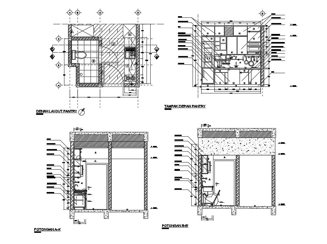 Kitchen and sanitary section, plan and installation cad drawing details dwg file