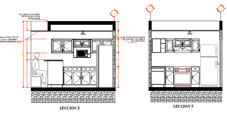 Kitchen details with right and left side section dwg file