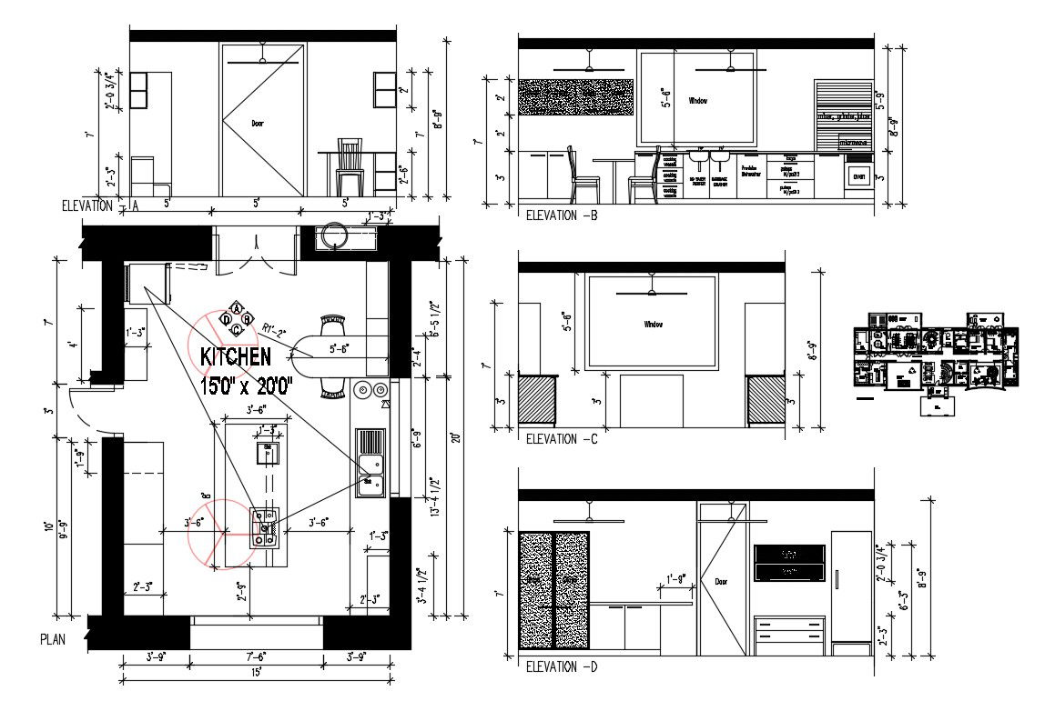Kitchen elevation, section, plan and interior details dwg file