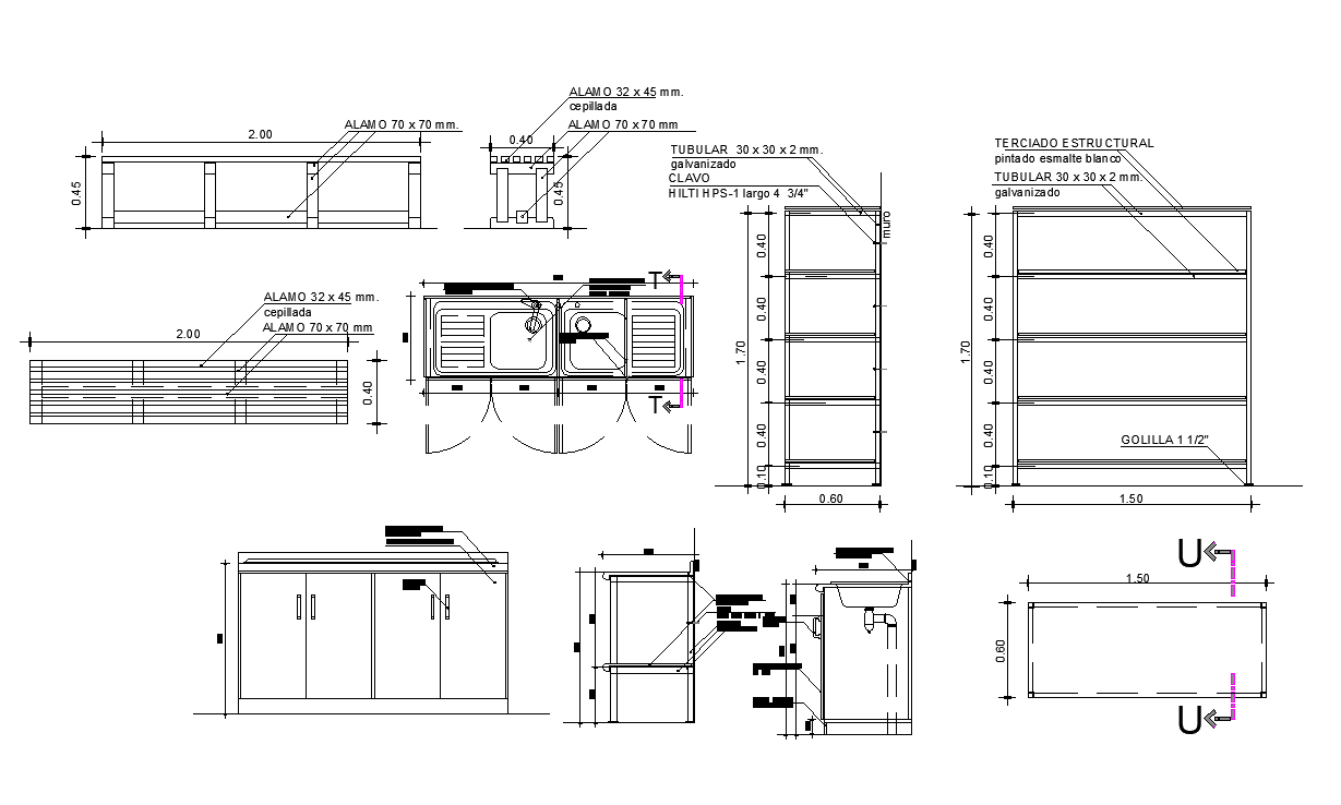 Kitchen furniture detail CAD blocks 2d view autocad file