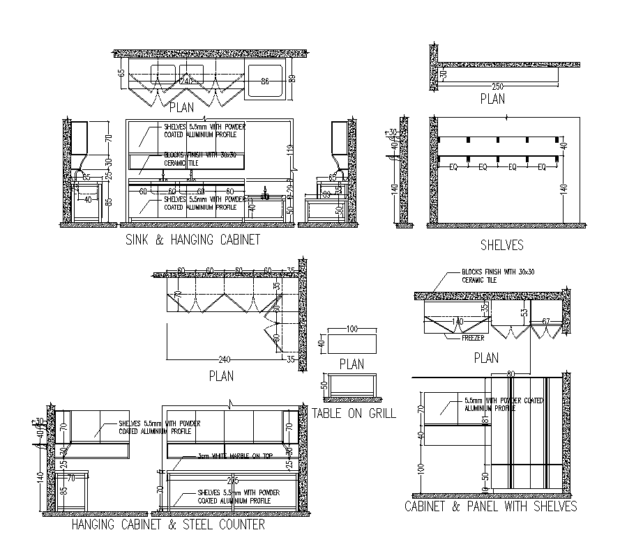 Kitchen furniture detail plan and elevation 2d view layout file