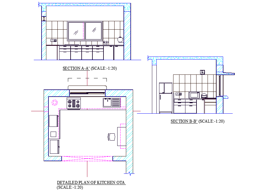Kitchen plan and section detail dwg file