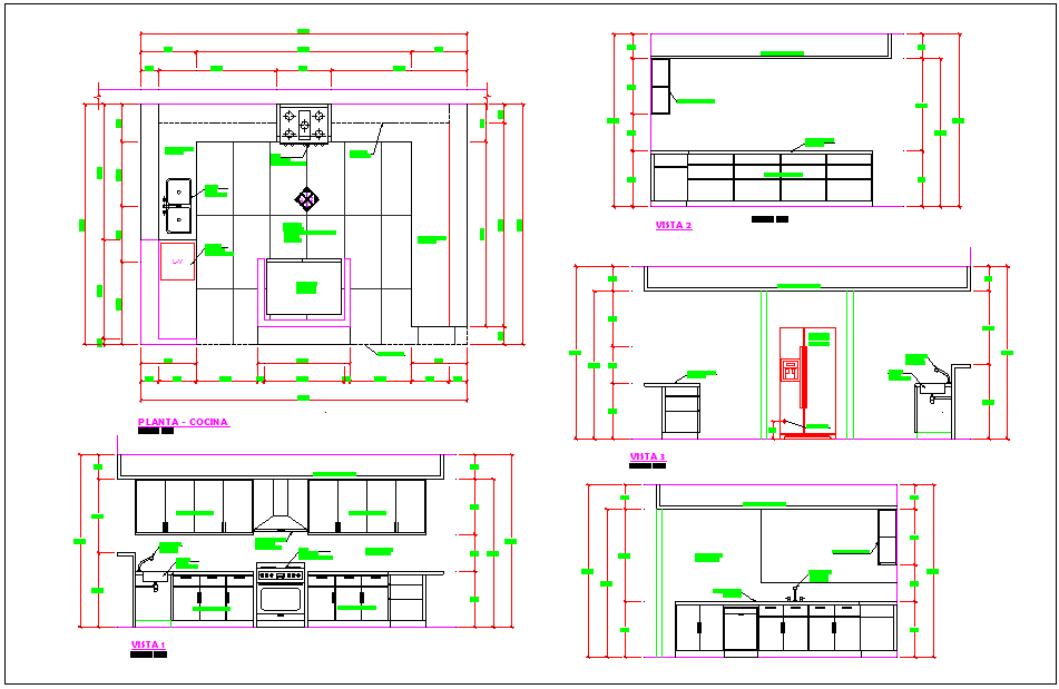 Kitchen Room DWG File with Plan, Elevation, and Section Layout