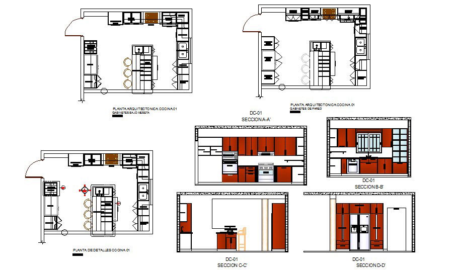 Kitchen section, plan, interior and auto-cad details dwg file