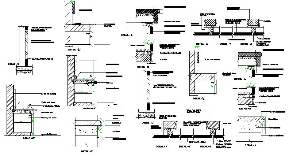 Kitchen section, wall construction and structure details dwg file